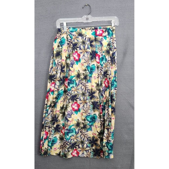 Vintage 90s Pleated Maxi Skirt Sz PS Tropical Floral Sag Harbor Olive Green Aqua - Picture 1 of 9